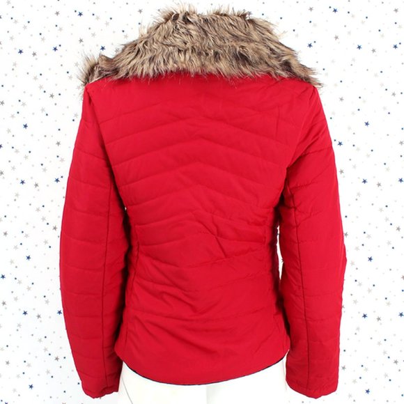 Removable Faux Fur Collar Puffer Jacket Red - Picture 6 of 8